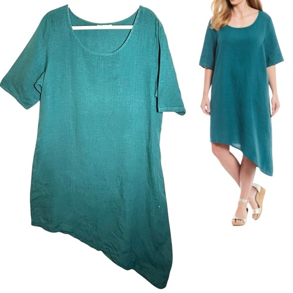 Bryn Walker Euna Shift 100% Linen Tunic Dress Asymmetrical Hem Teal Green Size M - Picture 1 of 12